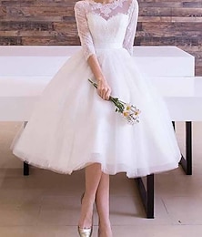 olcso -menyasszonyi zuhany vintage 1940-es / 1950-es évek egyszerű menyasszonyi ruhák menyasszonyi ruhák egy vonalú gombóc nyakú fél ujjú térdig érő tüll menyasszonyi ruhák hímzéssel 2024