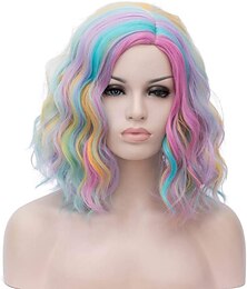 economico -parrucca sintetica corta ombré blu viola arcobaleno colorato capelli lisci riga in mezzo cosplay fibra resistente al calore per donne abiti da orgoglio parrucca di carnevale