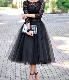 זול -A-line קוקטייל שחור שמלת וינטג' שמלת ליל כל הקדושים באורך 3/4 שרוול תכשיט צוואר תכשיט סתיו טול אורח חתונה עם קפלים תוספת תחרה 2024