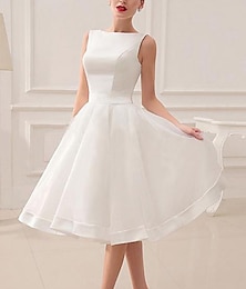 economico -Ricevimento Vintage Anni '40  '50 Vestito Bianco per Piccole Sposa Abiti per Festa di Matrimonio Abiti da Sposa A-Line Collo a Barchetta Senza Maniche Lunghezza Ginocchio Abiti da Sposa in Raso con