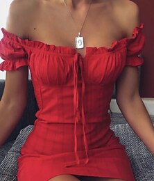 billige -Dame Feriekjole Tubekjole Mini kjole Rød Kortermet Ren farge Lapper Sommer Vår Løse skuldre Sexy Tynn 2023 S M L XL