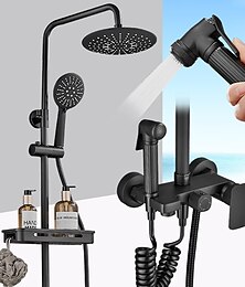 abordables -ensemble combiné de robinet de système de douche avec pomme de douche à effet pluie de 8 ", douchette multifonction, barre coulissante réglable et porte-savon robinets muraux en céramique pour baignoire et douche