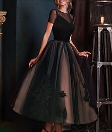 economico -Abito da sera a-line abito elegante ospite di nozze lunghezza caviglia maniche corte scollo illusion mercoledì Addams famiglia pizzo con pieghe ricamo