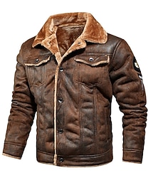 abordables -Homme Veste sherpa Veste Blouson Simili Cuir du quotidien Chaud Pluie Etanche Brodée Couleur Pleine Décontractées Col rabattu Normal Standard Noir Marron Kaki Veste