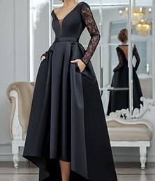 ieftine -rochie de seară în formă de a rochie neagră vintage halloween invitată la nuntă asimetrică mânecă lungă cu decolteu în v satin cu pliuri inserție din dantelă 2024