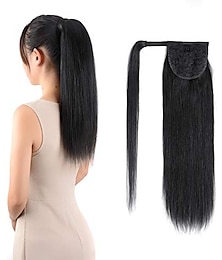 cheap -ponytail extensions real human hair clip in 16 inches 65g jet black color straight drawstring warp around ponytail hair piece remy human hair for women