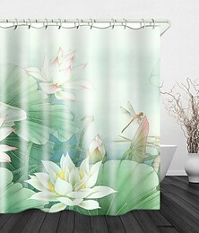 billige -smuk hvid lotus digital print vandtæt stof bruseforhæng til badeværelse boligindretning dækket badekar gardiner liner inkluderer med kroge