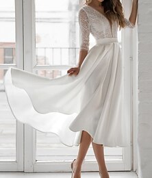 preiswerte -Strand Hochzeit Brautdusche Kleine Weiße Robe Brautdusche Kleider Hochzeitskleider A-Linie V-Ausschnitt 3/4-Länge Ärmel Tee-Länge Chiffon Brautkleider Mit Einfarbig 2025