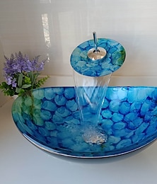 olcso -fürdőszobai edény mosogató szett téglalap alakú 16"x13", mosogató csaptelep és lefolyó kombó felugró lefolyóval, csónak alakú színes edzett üveg művészi edény mosogatótál, pult feletti mosdó art mosdó