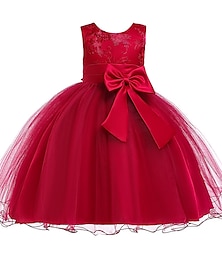 cheap -Kids Girls' Dress Solid Colored Flower Tulle Dress Wedding Party Layered Tulle Mesh Blue Red Fuchsia Knee-length Sleeveless Cute Dresses Summer 2-12 Years / Lace / Bow