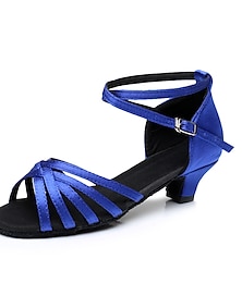 abordables -Mujer Zapatos de Baile Latino Salón Baile en línea Rendimiento Entrenamiento Satén Tacones Alto Un Color Tacón Cubano Plata Azul marinero Leopardo