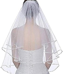 abordables -Velo de novia corto de dos capas con peine, borde de cinta, accesorios de boda para novia, color blanco marfil