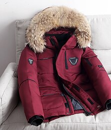 billiga -Herr Vinterkappa Dun Pufferjacka Anorak med fuskpäls 90% vit ankdun Sport & Utomhus Håller värmen Vinter Ensfärgat Svart Vin Pufferjacka