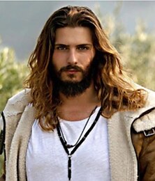 economico -parrucche marroni per uomo parrucca sintetica ondulata parte centrale parrucca lunga ombre marrone scuro capelli sintetici parrucche cosplay per feste di halloween