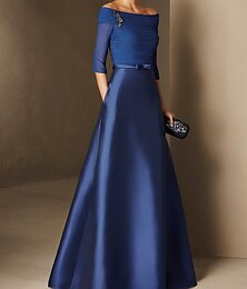 economico -Abito da Sera A-Line Abito Elegante Fidanzamento Formale Sera Lunghezza Fino al Pavimento Manica Mezzo Off Spalla Invitato di Matrimonio in Chiffon con Ruches