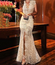 cheap -Mermaid Party Dress Sexy Floral Engagement Formal Evening Dress V Neck Sleeveless Sweep / Brush Train Lace with Slit 2022