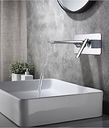 cheap -Brass Wall Mounted Bathroom Sink Faucet,Black/Silvery Waterfall Painted Finishes Bath Taps with Hot and Cold Switch