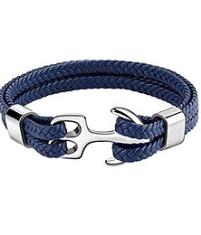 voordelige -armband voor heren, stevige rundlederen armband, meerlagige vintage ankerarmband omslagmanchet - blauw met zilveren anker