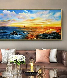 お買い得  -油絵100％手作り手描きの壁アートキャンバス水平パノラマ抽象現代風景日暮れ海空家の装飾装飾ロールキャンバスフレームなしストレッチなし