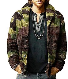 abordables -Hombre Pulóveres Cárdigan Tejer De Punto Color Camuflaje Cuello Camisero Ropa Otoño Invierno Verde Ejército M L XL