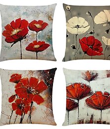 Χαμηλού Κόστους -σετ 4 καλλιτεχνικών λουλουδιών τετράγωνο διακοσμητικό πέταμα μαξιλαροθήκες μαξιλάρι καναπέ καλύπτει σπιτικό καναπέ διακοσμητικό faux λινό κάλυμμα μαξιλαριού για καναπέ καναπέ κρεβάτι καρέκλα κόκκινο