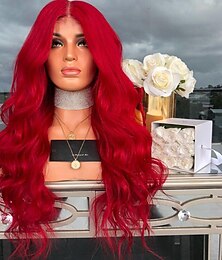 olcso -Szintetikus Paróka Hullámos Paróka Hosszú Piros Szintetikus Haj Nők Piros Parókák 26 hüvelykes Középső Elválású Parókák Halloween parókák
