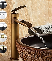 ieftine -baterie cascadă pentru chiuvetă robinet înalt, din alamă antică robinete pentru chiuvetă cu un singur mâner cu furtun rece și fierbinte