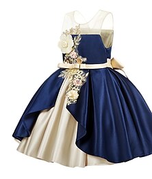 preiswerte -kinderkleidung Mädchen Kleid Einfarbig Ärmellos mit Schnürung Schleife Aktiv Süß Polyester Knielang Kleid mit Blumenstickerei Rote Marineblau Purpur