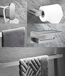 levne -sada koupelnových doplňků z broušené nerezové oceli obsahuje háček na župany, tyč na ručníky, držák na toaletní papír s odkládací policí na mobilní telefon, držák na ručníky a poličku na role papíru