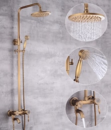 abordables -ensemble de robinets de système de douche pomme de douche 8 "dorée, ensemble de style vintage pluie avec douchette à main murale, montage en laiton antique de pays à l'extérieur robinets mitigeurs de baignoire-douche en céramique