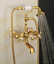 baratos -torneira de banheira misturador toque de telefone estilo luxo polimento dourado com pulverizador chuveiro de mão girar bica banheira água quente e fria