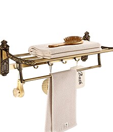 baratos -Barra de toalha esculpida multifuncional prateleira de banheiro de alumínio antigo com 5 ganchos montados na parede 1 peça