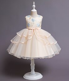 Χαμηλού Κόστους -παιδικό φόρεμα για κορίτσια με συμπαγές φόρεμα σε στρώσεις με στρώσεις πλέγμα συνονθύλευμα τόξο μπλε κόκκινο κοκκινωπό ροζ γόνατο αμάνικο βασικό γλυκό φορέματα κανονική εφαρμογή 2-10 χρόνια