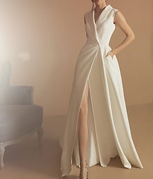 Недорогие -Простые свадебные платья трапециевидной формы с v-образным вырезом без рукавов длиной до пола, атласные свадебные платья с разрезом спереди 2024