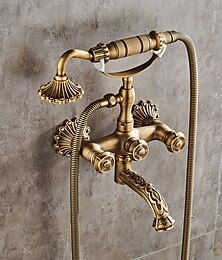 voordelige -vintage douche systeem kraan set wandmontage, 360 draaibare antieke messing badkamer douchekop facuet kit met handdouchekop sproeier keramisch ventiel bad mengkraan