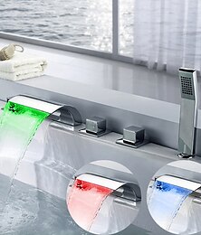 abordables -Grifo de bañera de estilo contemporáneo, válvula de latón de bañera romana de cromo led, tres manijas, grifos mezcladores de ducha de baño de cascada de cinco agujeros con interruptor de frío y calor
