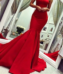 ieftine -Rochie de seară sirenă minimalistă Rochie pentru ziua îndrăgostiților Rochie de invitat la nuntă Trenă curte Fără mâneci Fără bretele Material elastic cu plii Rochie de masquerade