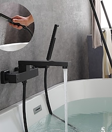 abordables -Robinet de baignoire noir mural, robinet de salle de bain bain romain remplisseur mitigeur laiton, pulvérisateur 2 trous avec tuyau d'eau chaude froide