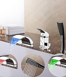 お買い得  -バスタブ蛇口滝スパウトLED 3色水流、ホールドハンドシャワー付き、普及バスローマ浴槽フィラーミキサータップバスルーム3穴デッキマウント