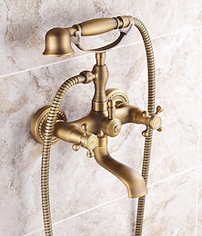 お買い得  -シャワー蛇口セット真鍮浴槽スパウトシャワーシステム、2 ノブハンドル電話スタイルヘルドハンドシャワーハンド 1.5 メートルホース壁取り付けタップ