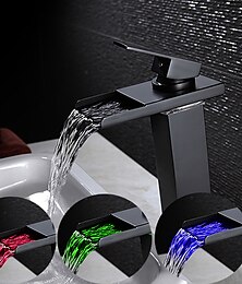 billiga -badrumskärl kran hög led vattenfallspip 3 färgskiftningar med temperatur, diskbänksblandare mono handfatskranar, enkelhandtag ett hål mässing tvättrumskärl kran däck monterad