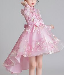 billiga -Barn Flickor Klänning Blommig Långärmad Prestanda Dagligen Helgdag Rosett söt stil Ljuv Polyester Ovanför knäet Tyllklänning Rodnande Rosa Beige