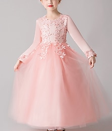 billiga -Brudnäbbsklänning Flickor Klänning Prinsessaklänning Festklänning Formell Bröllop Fest Elegant söt stil Formell Barnens Dag Nät Blommig Långärmad Rund hals Guld Vit