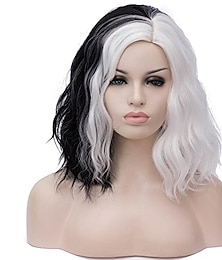 olcso -Fél Fehér és Fél Fekete Parókák Cruella Deville Paróka Két Színű Szintetikus Haj Paróka Vállig Érő Paróka Halloween Parókák