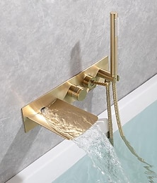 abordables -grifo de bañera, latón cepillado dorado/negro instalación en pared cascada incluida ducha de mano de tipo rociador grifos mezcladores de ducha de baño con agua fría y caliente