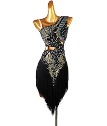 abordables -baile salsa vestido de baile latino borla con flecos junta dividida cristales / vestido de competición pedrería mujer rendimiento sin mangas chinlon
