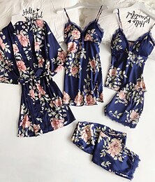 voordelige -dames kanten zijden satijnen pyjama sets 5 stuks cami top nachtjapon kanten nachtjapon sexy nachtkleding badjas sets nachtjapon met borst pads thuis outfits