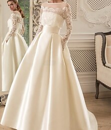 cheap -Engagement Vintage 1940s / 1950s Formal Wedding Dresses A-Line Illusion Neck Long Sleeve Floor Length Satin Bridal Gowns With Pleats Beading 2024