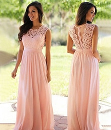 cheap -A-Line Bridesmaid Dress Jewel Neck Sleeveless Elegant Floor Length Chiffon / Lace with Sash / Ribbon / Pleats 2023