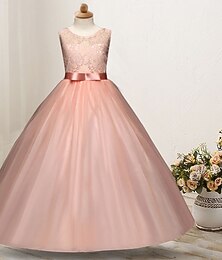 billiga -Barn Flickor Flower Girl Klänning Klänning Ärmlös Bröllop Fest Spets Nät söt stil Polyester Maxi Flower Girls Klänning Färgglada lila Färgpulver Vit